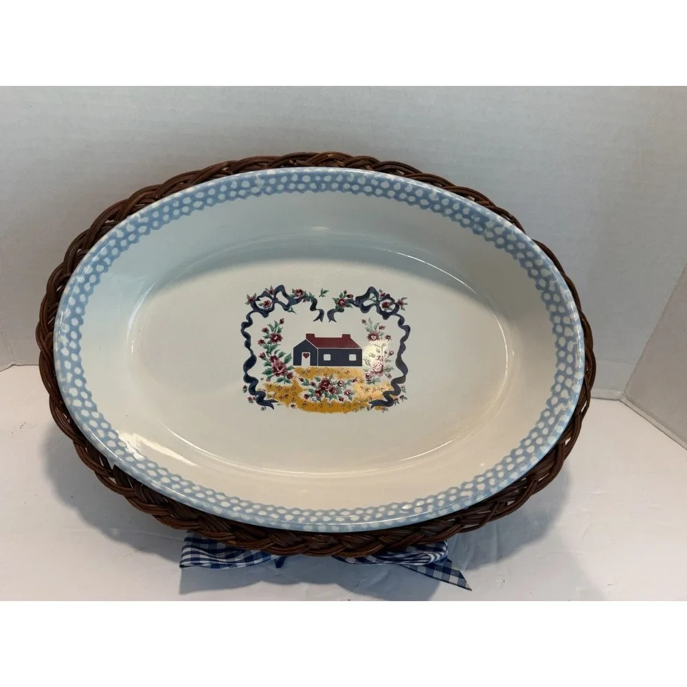VTG Teamson 1995 Stoneware Oval Casserole Dishes with Farmhouse Wicker Basket
